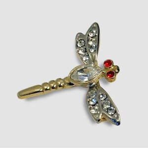 Vintage Rhinestone Dragonfly Brooch Pin Gold Tone Red Eyes Crystal Wings
